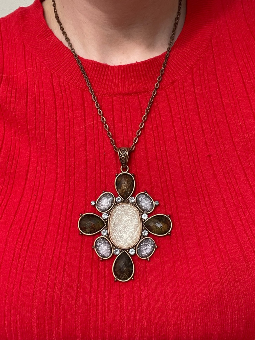 Vintage-Inspired Brown, White and Light blue “stone” Pendant Necklace